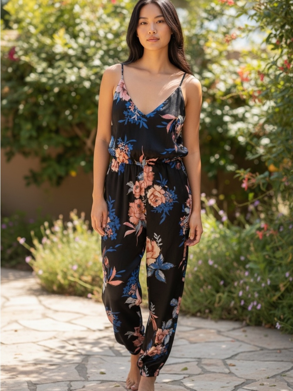 Floral Black Sleeveless Jumpsuit with Peach & Blue Blooms